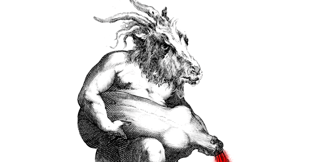 Das Bild einer Druckgrafik eines menschlichen Oberkörpers mit Ziegenkopf, der einen Torso in den Händen hält, aus dessen Hals Blut nach unten fließt.